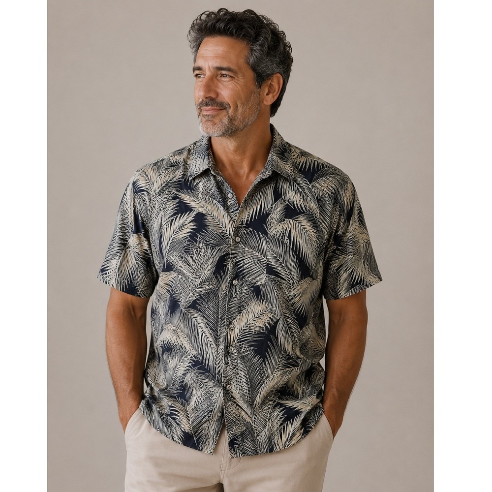 Tori Richard Mens Navy Palm Cotton Lawn Hawaiian Aloha Shirt Size Large Vintage
